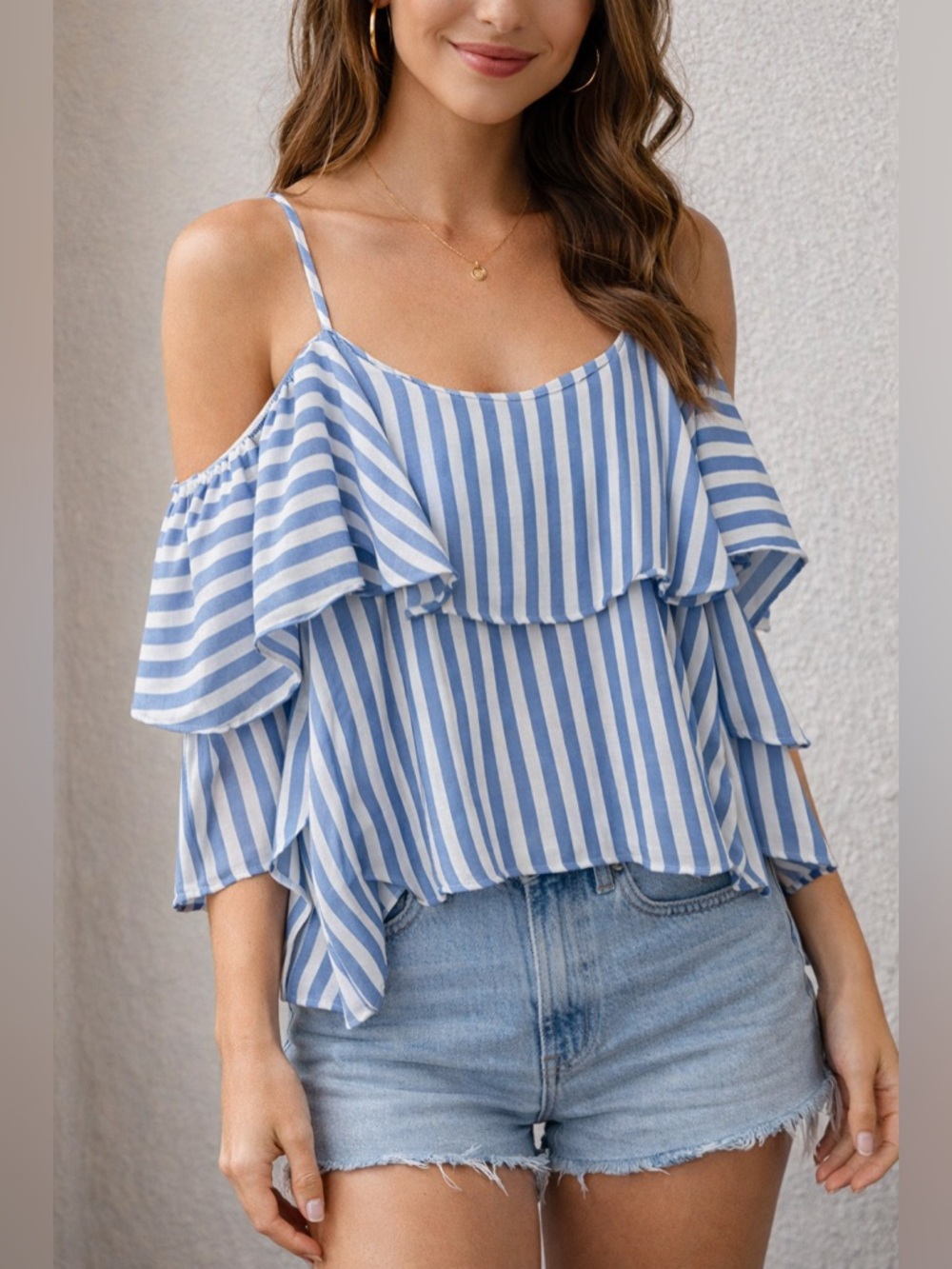 Blue White Striped Ruffle Off Shoulder Cropped Chiffon Blouse Size 2X